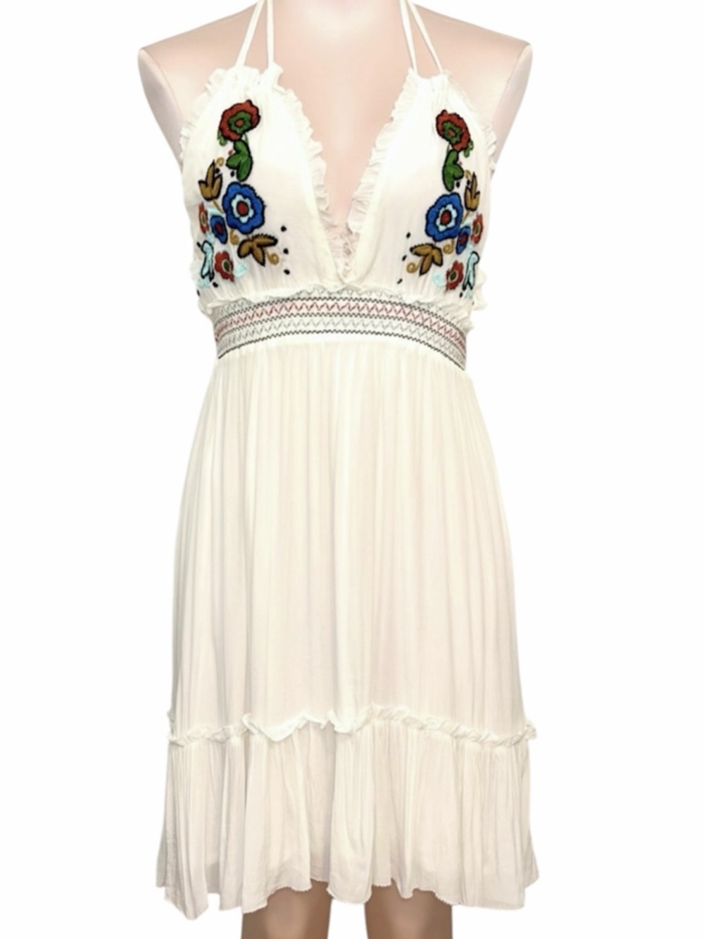 Letarte Embroidered Halter Dress White Tassel Back Resort Small